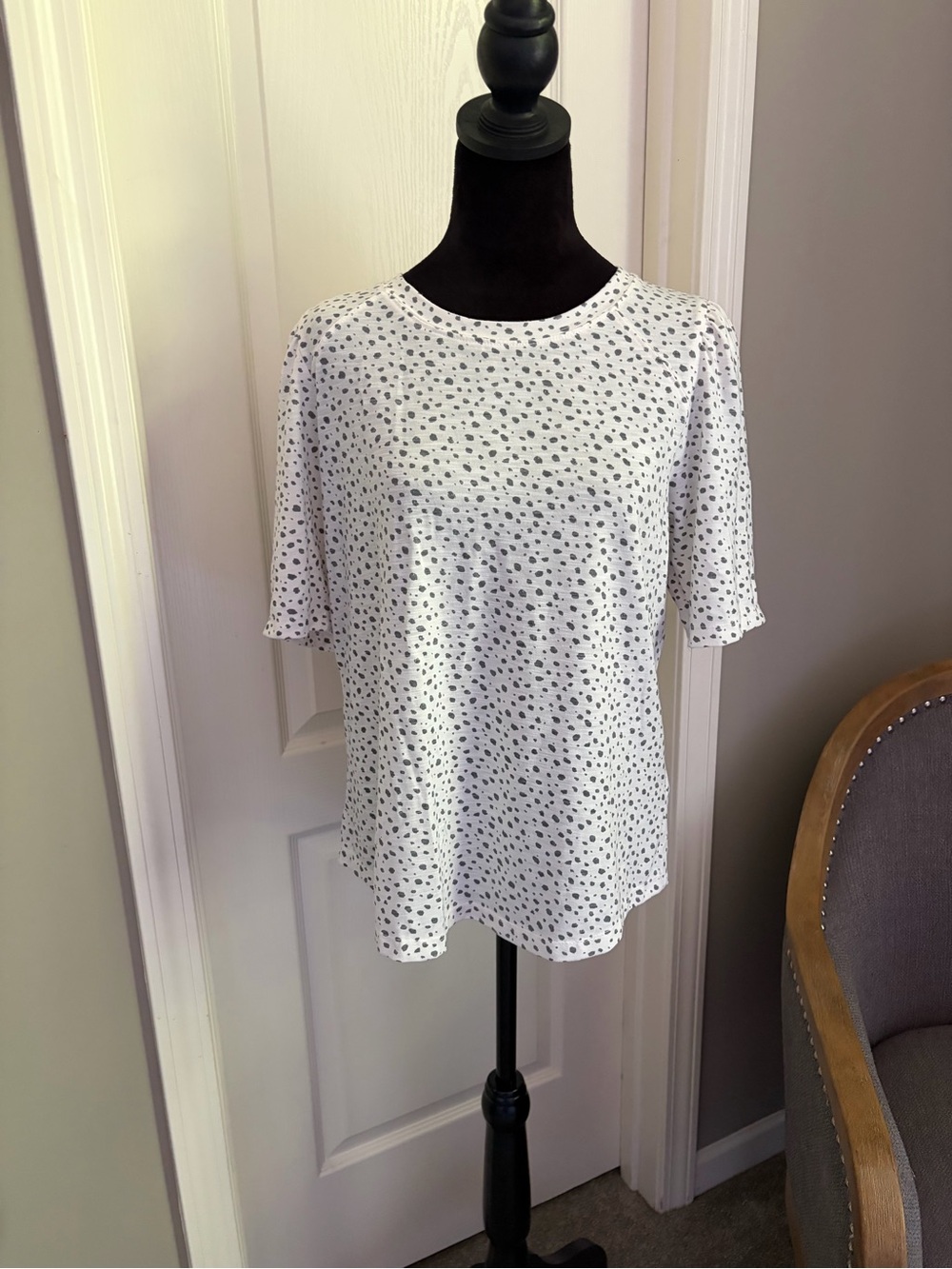 Democracy White Short Sleeve Crewneck Top with Black Dot Print